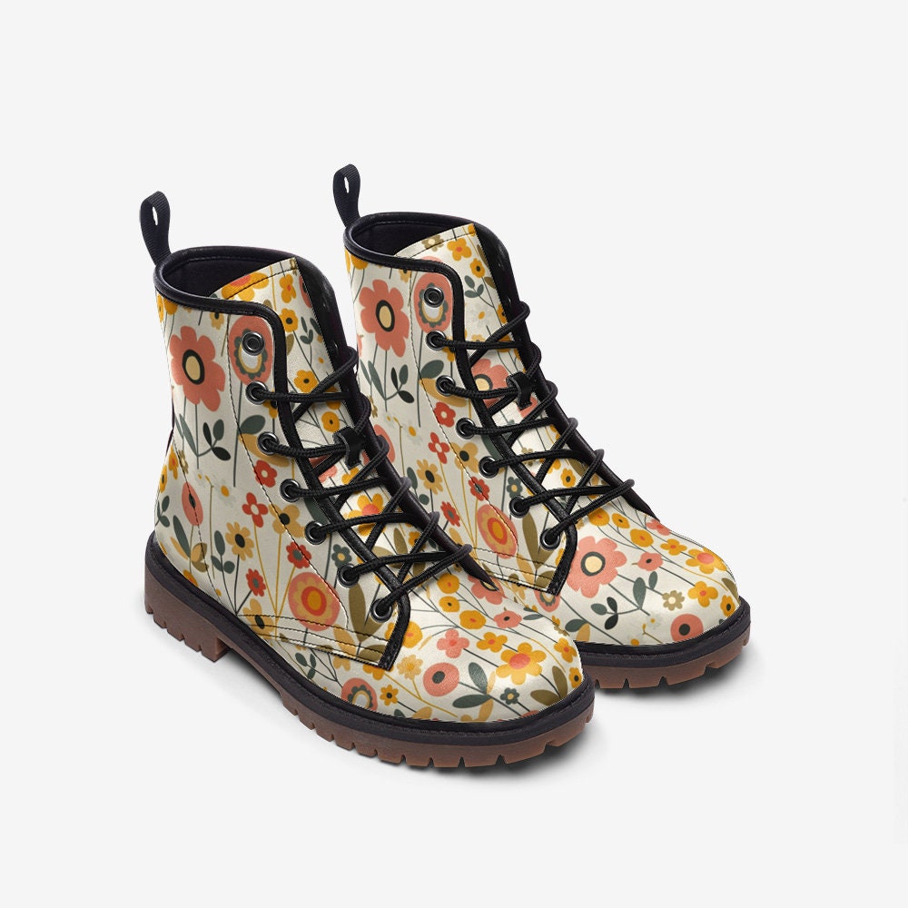 60s Floral Faux Leather Boots: Retro Hippie Style