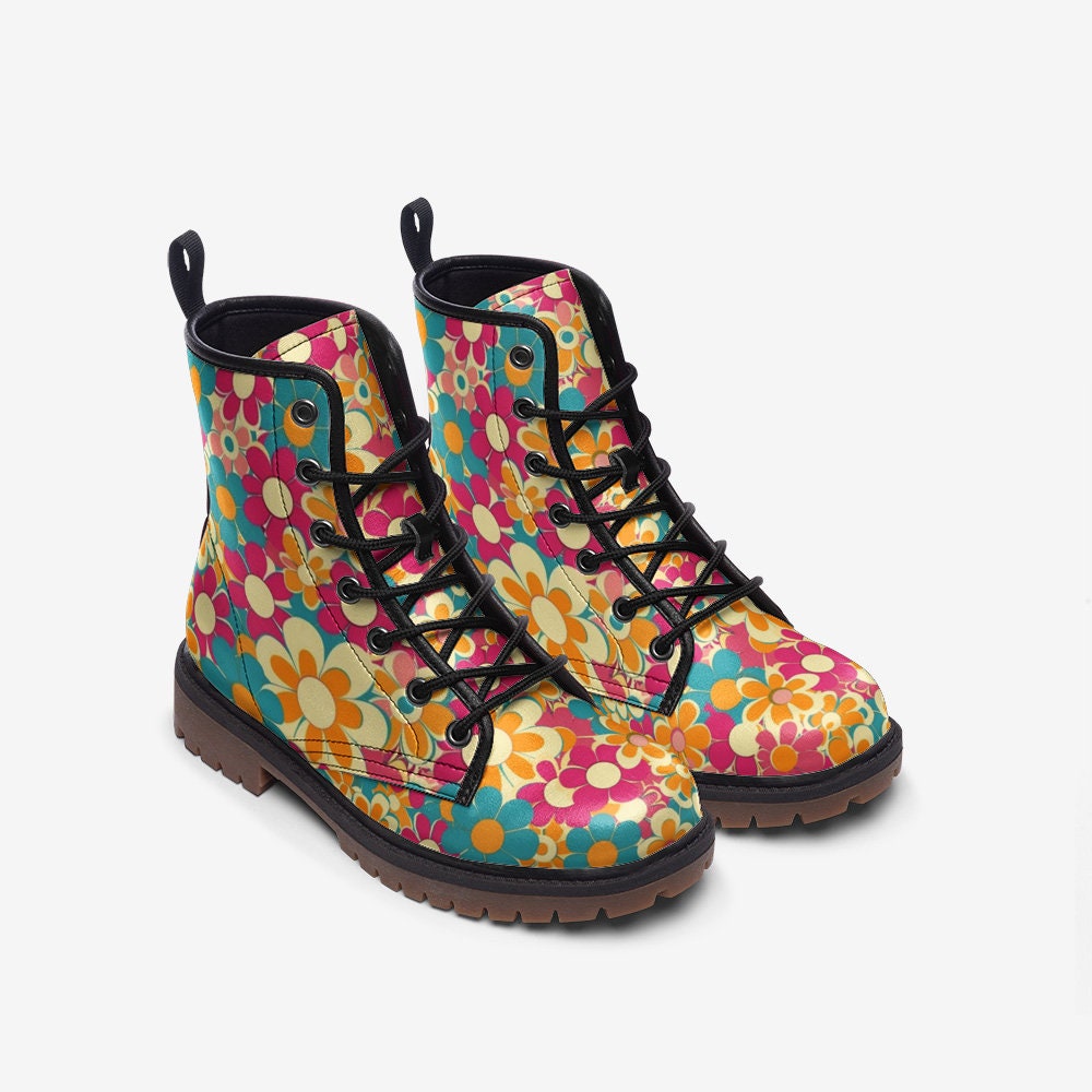 60s Retro Floral Boots: Lightweight Faux Leather Hippie Shoes