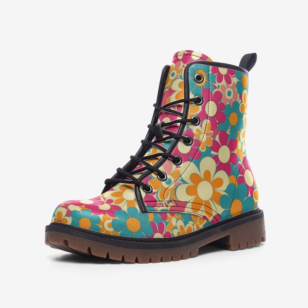 60s Retro Floral Boots: Lightweight Faux Leather Hippie Shoes