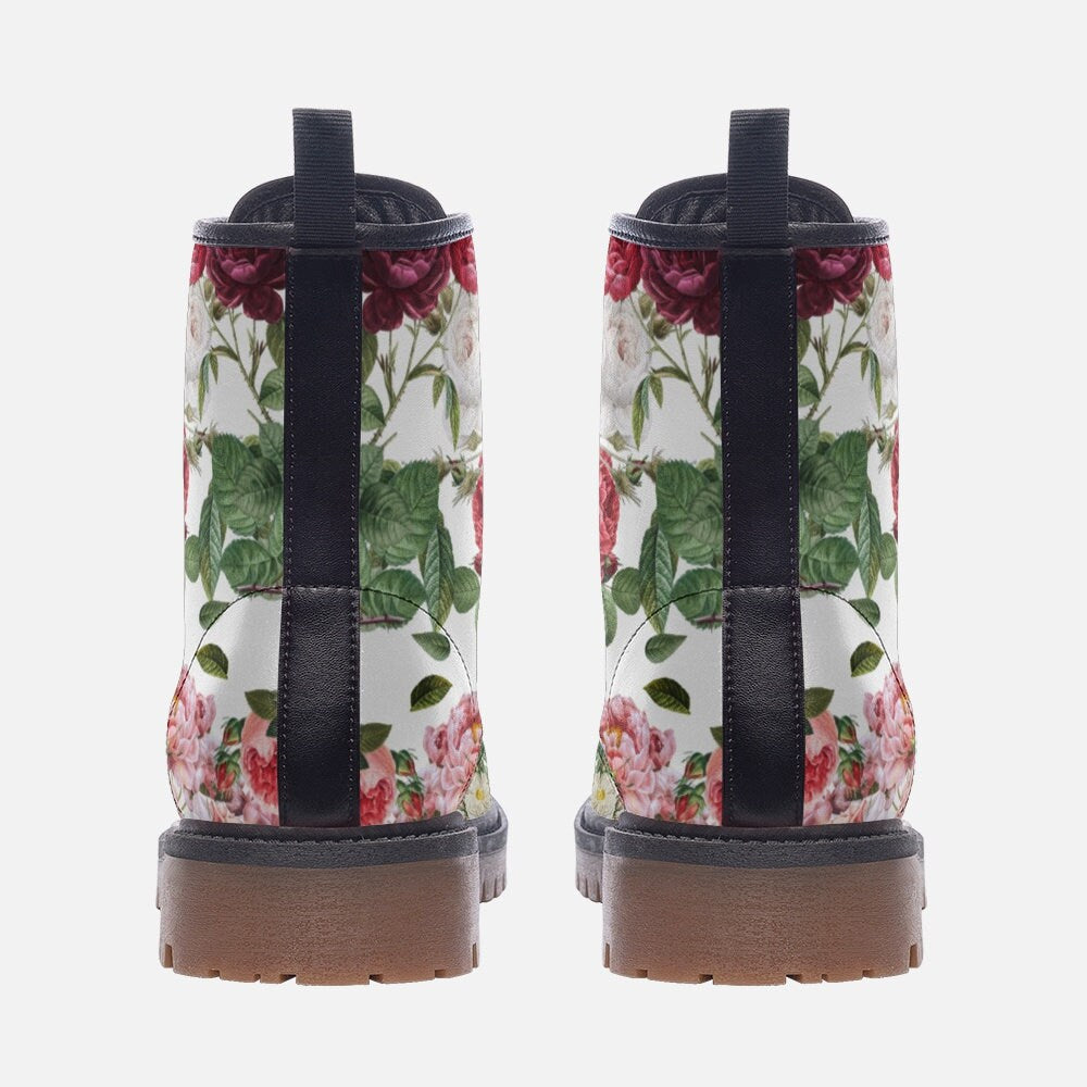 Vintage Pink Roses Floral Vegan Combat Boots, Vintage Rose Motif boots, Whimsigoth Roses Boots, Coquette Punk Boots, Shabby Chic Roses Boots