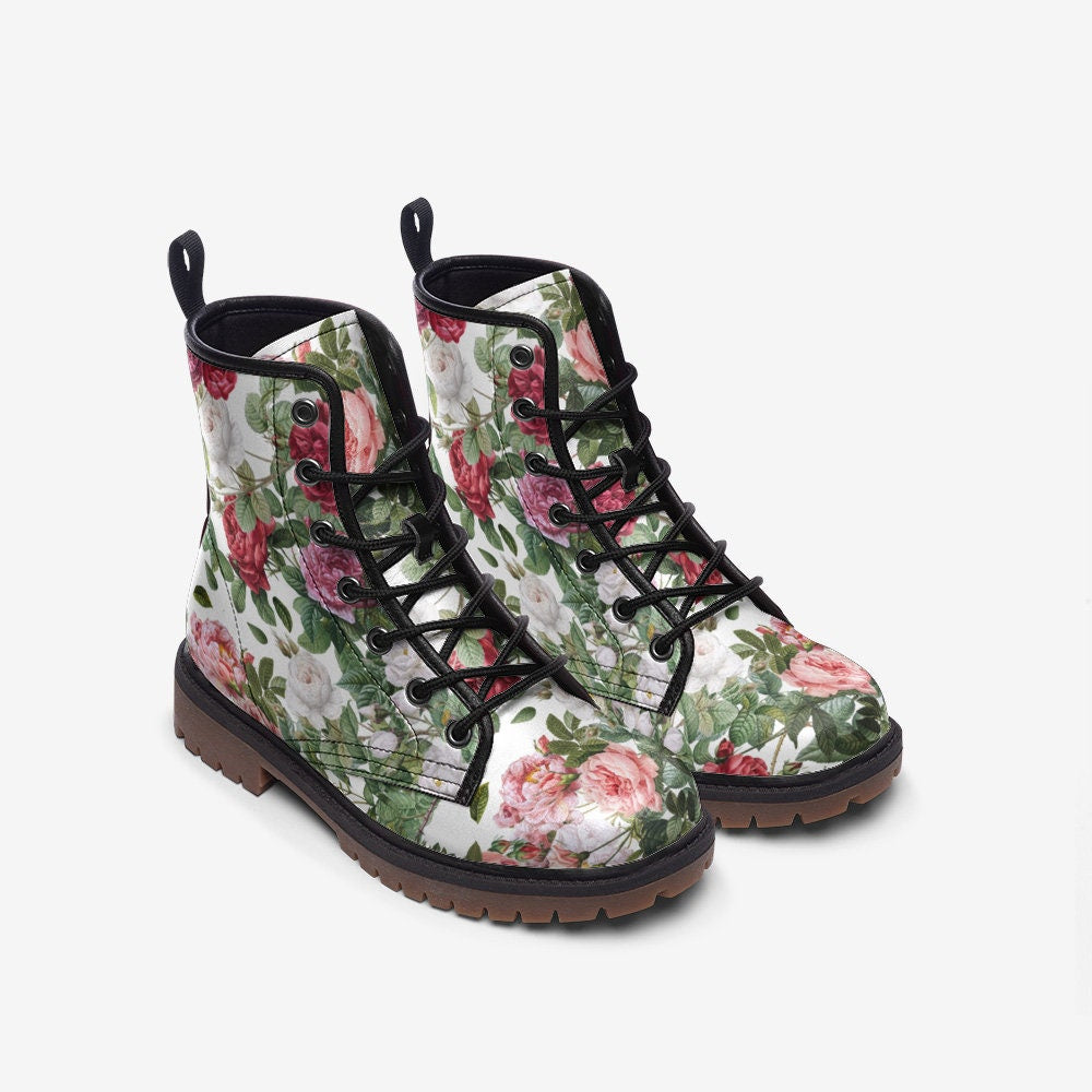 Vintage Pink Roses Floral Vegan Combat Boots, Vintage Rose Motif boots, Whimsigoth Roses Boots, Coquette Punk Boots, Shabby Chic Roses Boots