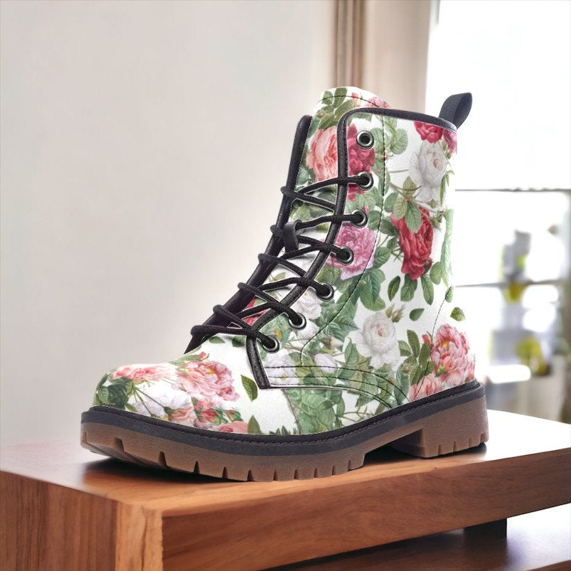Vintage Pink Roses Floral Vegan Combat Boots, Vintage Rose Motif boots, Whimsigoth Roses Boots, Coquette Punk Boots, Shabby Chic Roses Boots