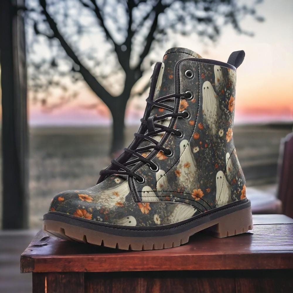 Cottage Goth Ghost Garden Vegan Combat Boots, Ghosts & Flowers Boots, Creepy Cute Halloween Fall Boots, Spooky Girl Boho Whimsigoth Boots