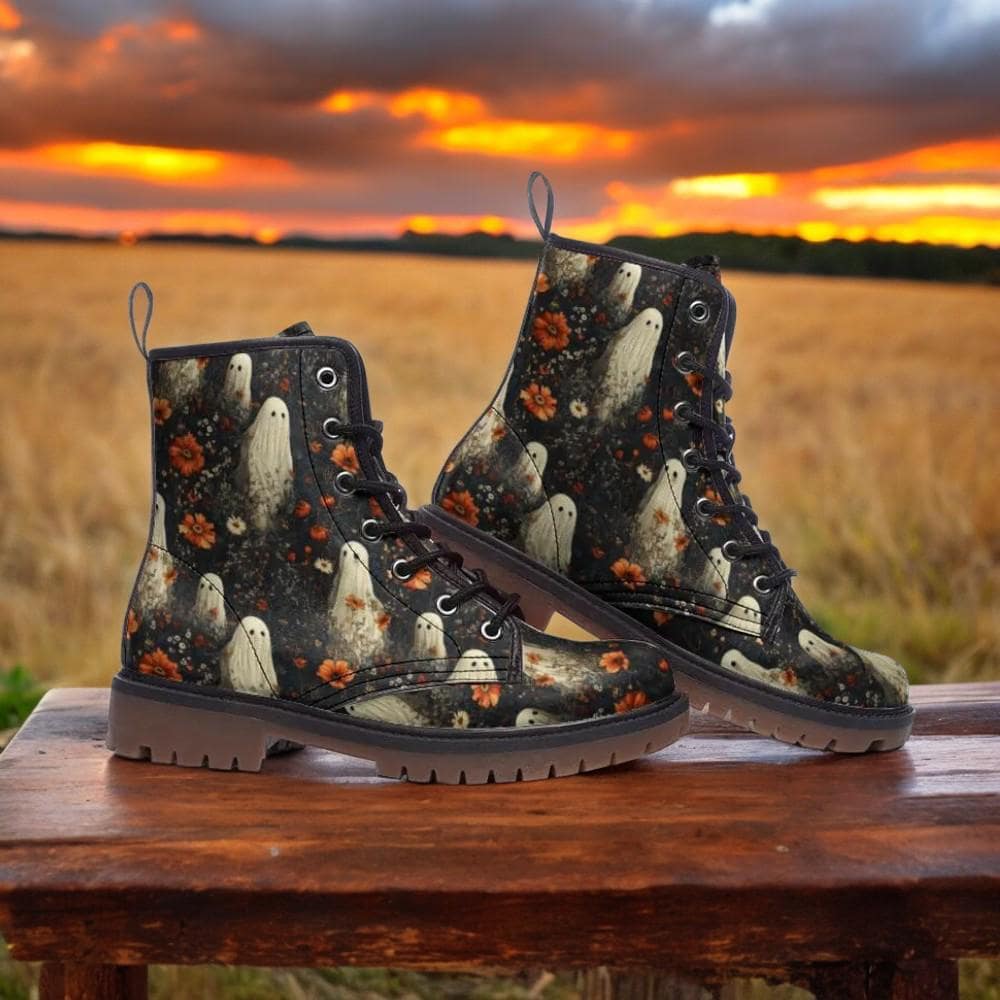 Cottage Goth Ghost Garden Vegan Combat Boots, Ghosts & Flowers Boots, Creepy Cute Halloween Fall Boots, Spooky Girl Boho Whimsigoth Boots