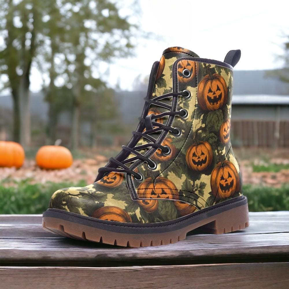 Jack O'Lantern Vegan Combat Boots, Spooky Halloween Pumpkins Boots, Witchy Pumpkins Boots, Spooky Cute Gift Boots, Halloween Costume Boots