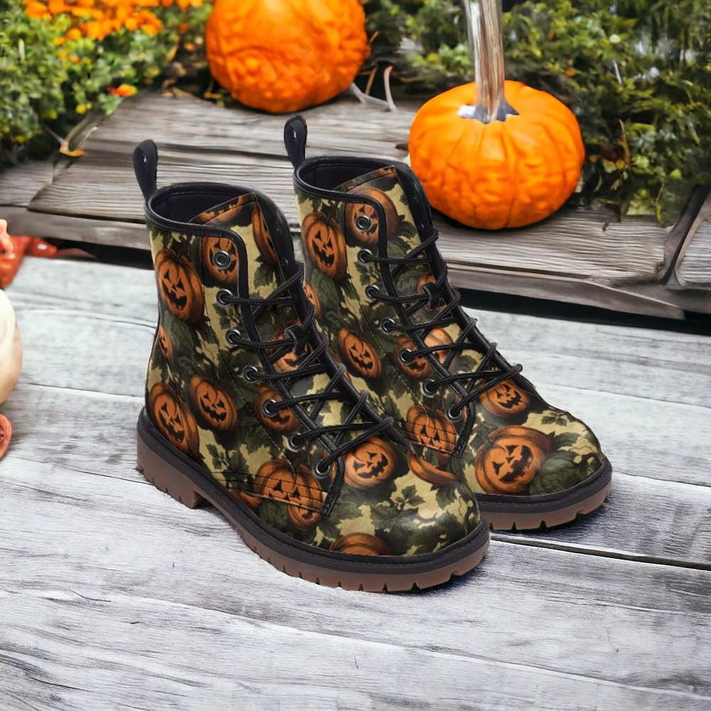 Jack O'Lantern Vegan Combat Boots, Spooky Halloween Pumpkins Boots, Witchy Pumpkins Boots, Spooky Cute Gift Boots, Halloween Costume Boots