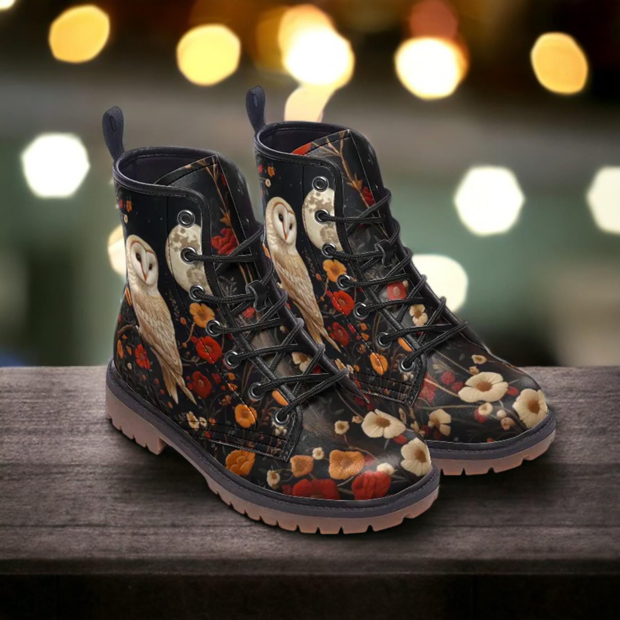 Faux-Embroidery Owl & Flowers Vegan Combat Boots, Witchy Vegan Floral Barn Owl Moon Boots, Cottagecore Owl Boots, Wild Bird Whimsigoth Boot