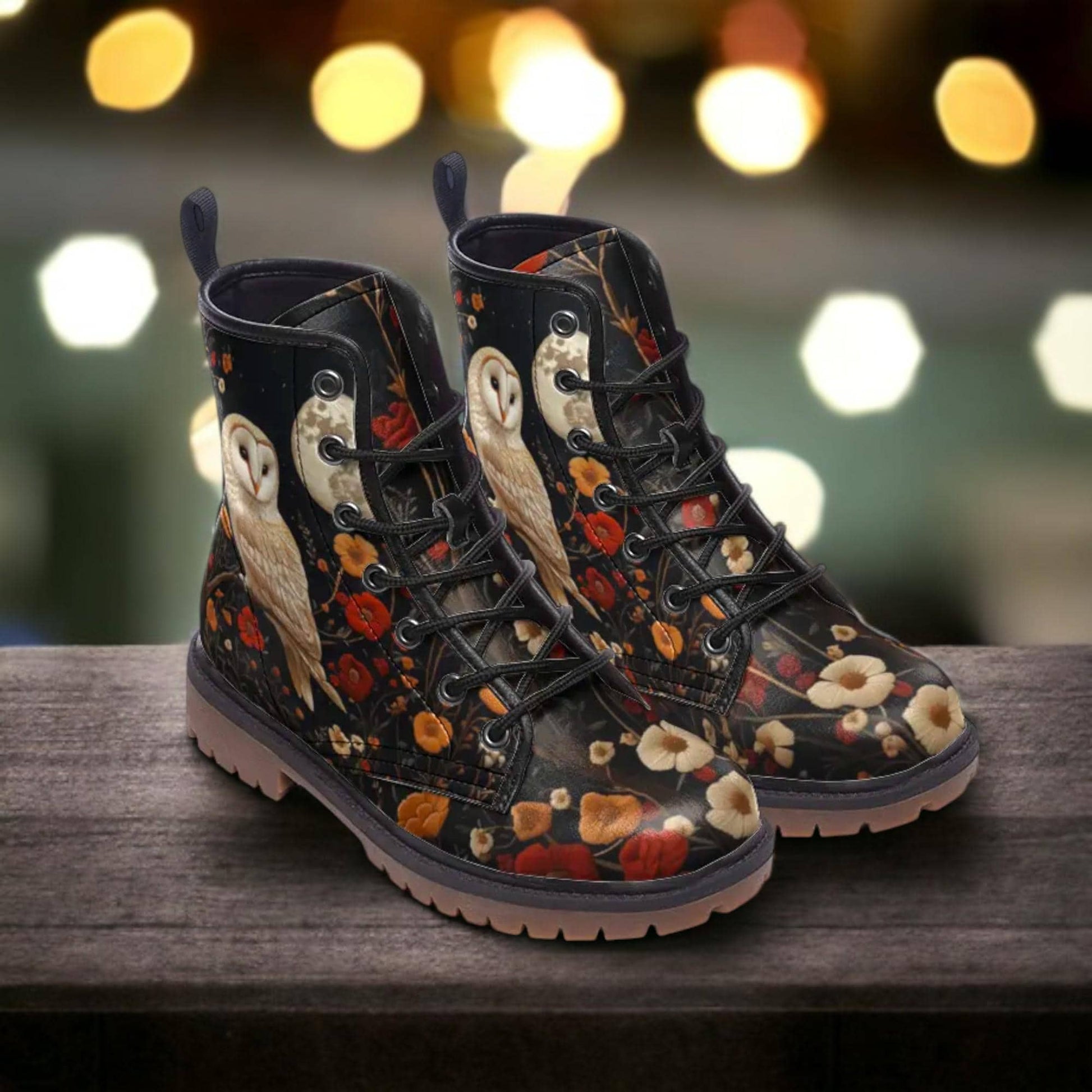 Faux-Embroidery Owl & Flowers Vegan Combat Boots, Witchy Vegan Floral Barn Owl Moon Boots, Cottagecore Owl Boots, Wild Bird Whimsigoth Boot