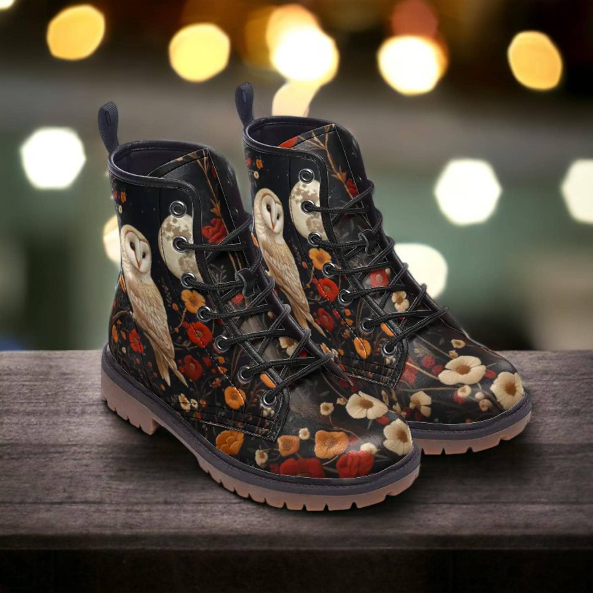 Faux-Embroidery Owl & Flowers Vegan Combat Boots, Witchy Vegan Floral Barn Owl Moon Boots, Cottagecore Owl Boots, Wild Bird Whimsigoth Boot