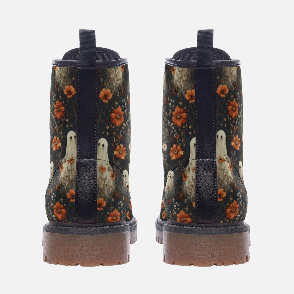 Cottage Goth Ghost Garden Vegan Combat Boots, Ghosts & Flowers Boots, Creepy Cute Halloween Fall Boots, Spooky Girl Boho Whimsigoth Boots