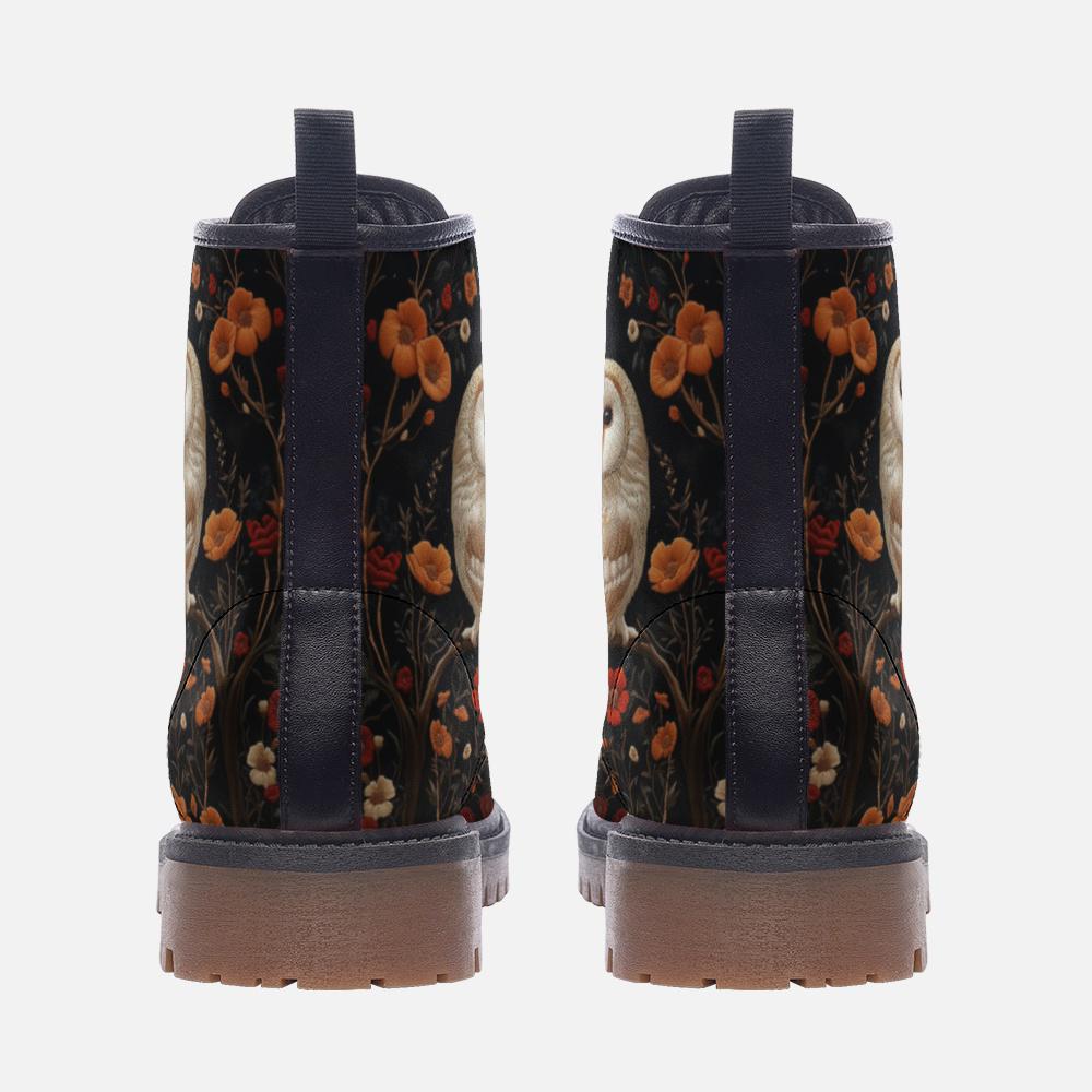 Faux-Embroidery Owl & Flowers Vegan Combat Boots, Witchy Vegan Floral Barn Owl Moon Boots, Cottagecore Owl Boots, Wild Bird Whimsigoth Boot