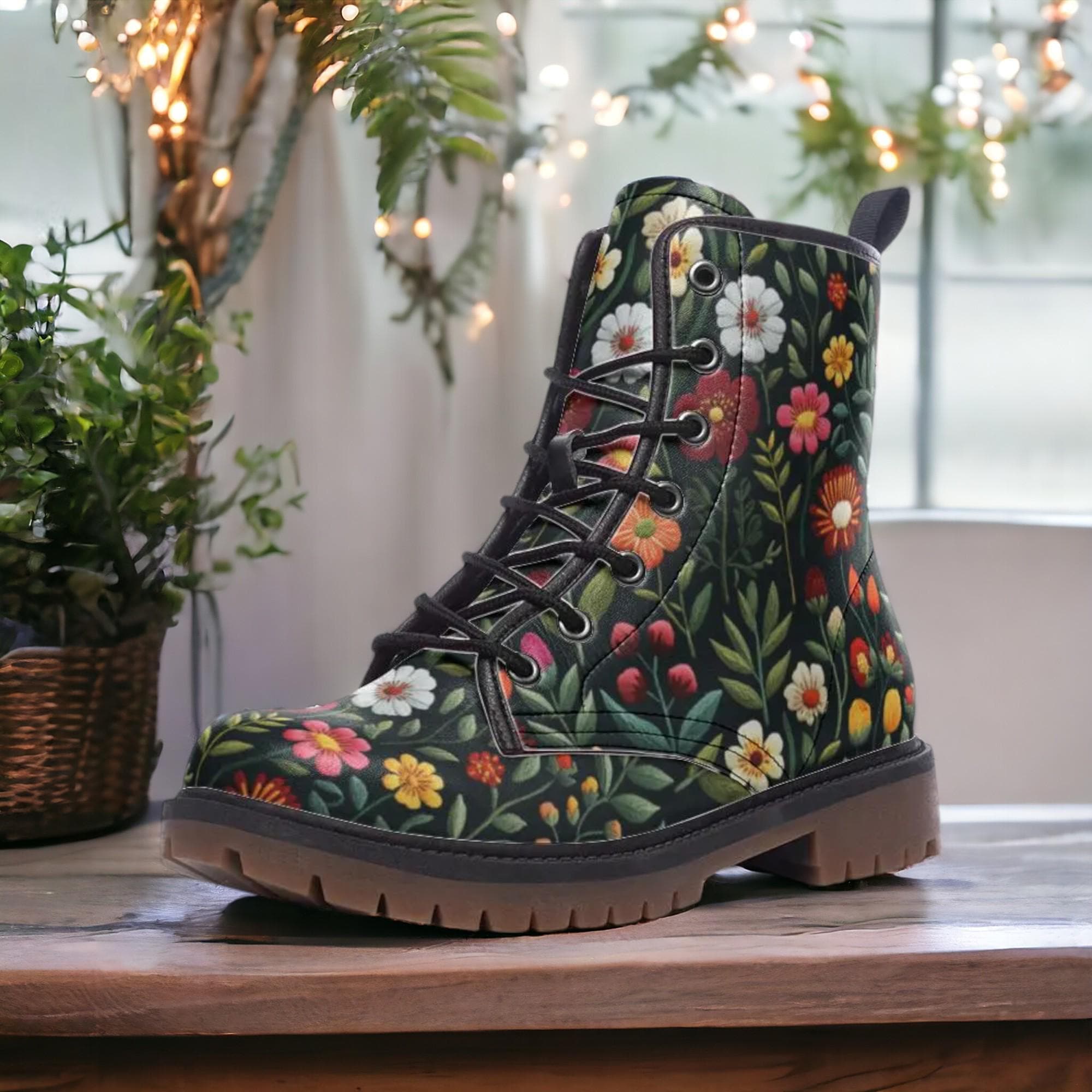 Faux-Embroidery Floral Combat Boots: Vegan Leather Boho Garden