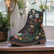 Faux-Embroidery Floral Combat Boots: Vegan Leather Boho Garden