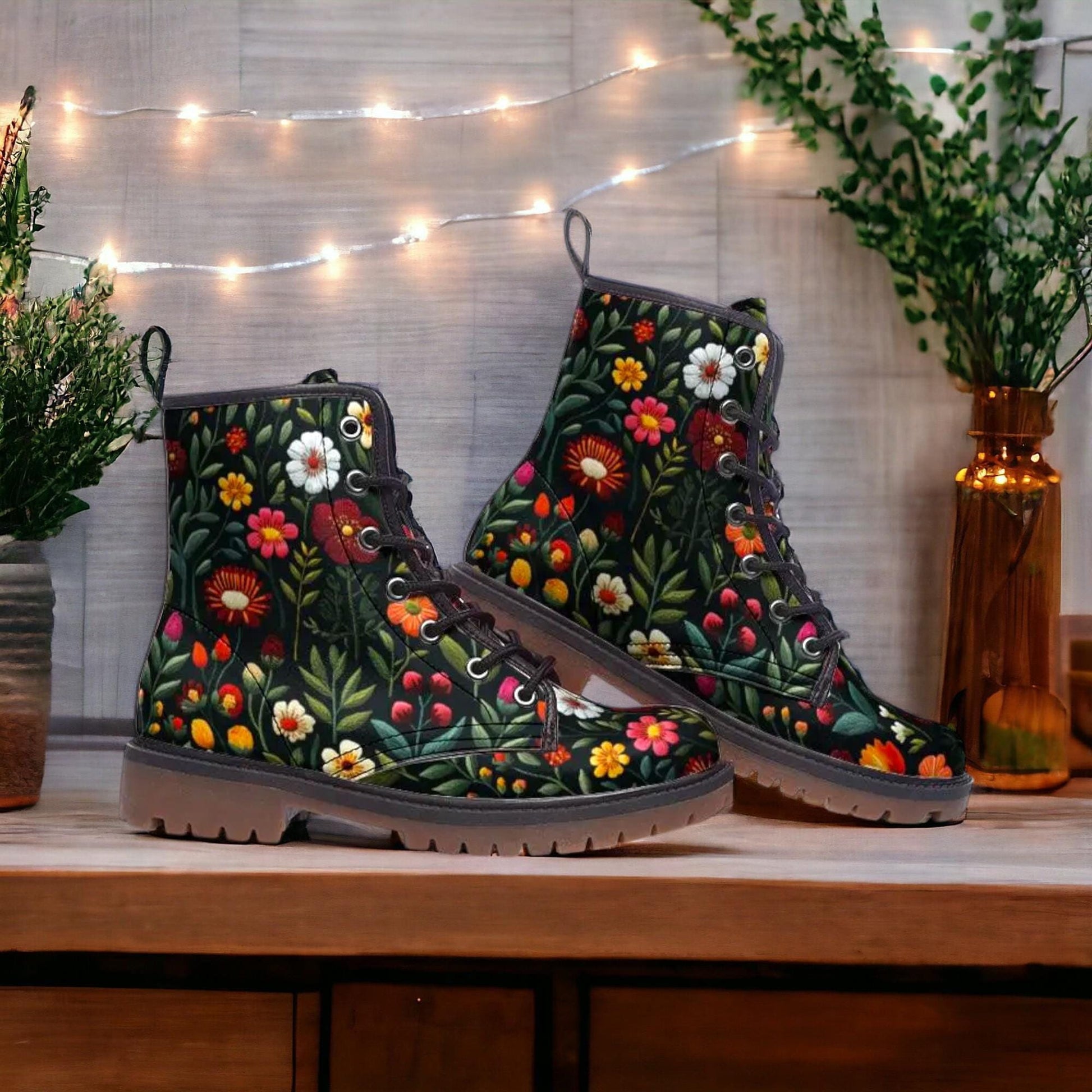 Faux-Embroidery Floral Combat Boots: Vegan Leather Boho Garden
