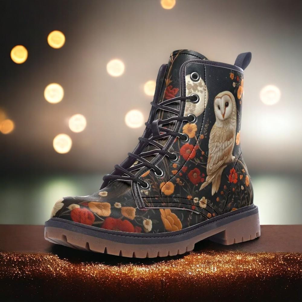 Faux-Embroidery Owl & Flowers Vegan Combat Boots, Witchy Vegan Floral Barn Owl Moon Boots, Cottagecore Owl Boots, Wild Bird Whimsigoth Boot