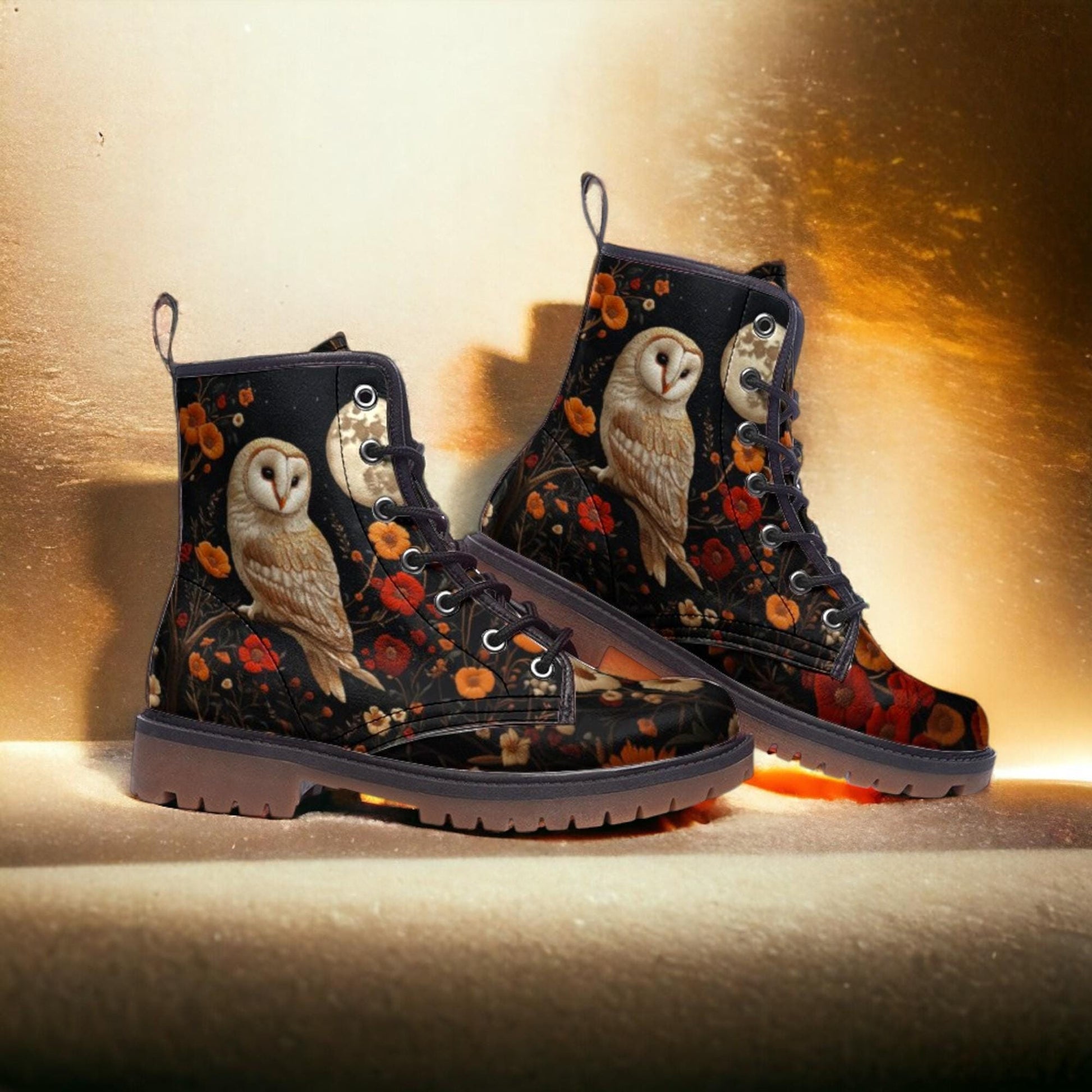 Faux-Embroidery Owl & Flowers Vegan Combat Boots, Witchy Vegan Floral Barn Owl Moon Boots, Cottagecore Owl Boots, Wild Bird Whimsigoth Boot