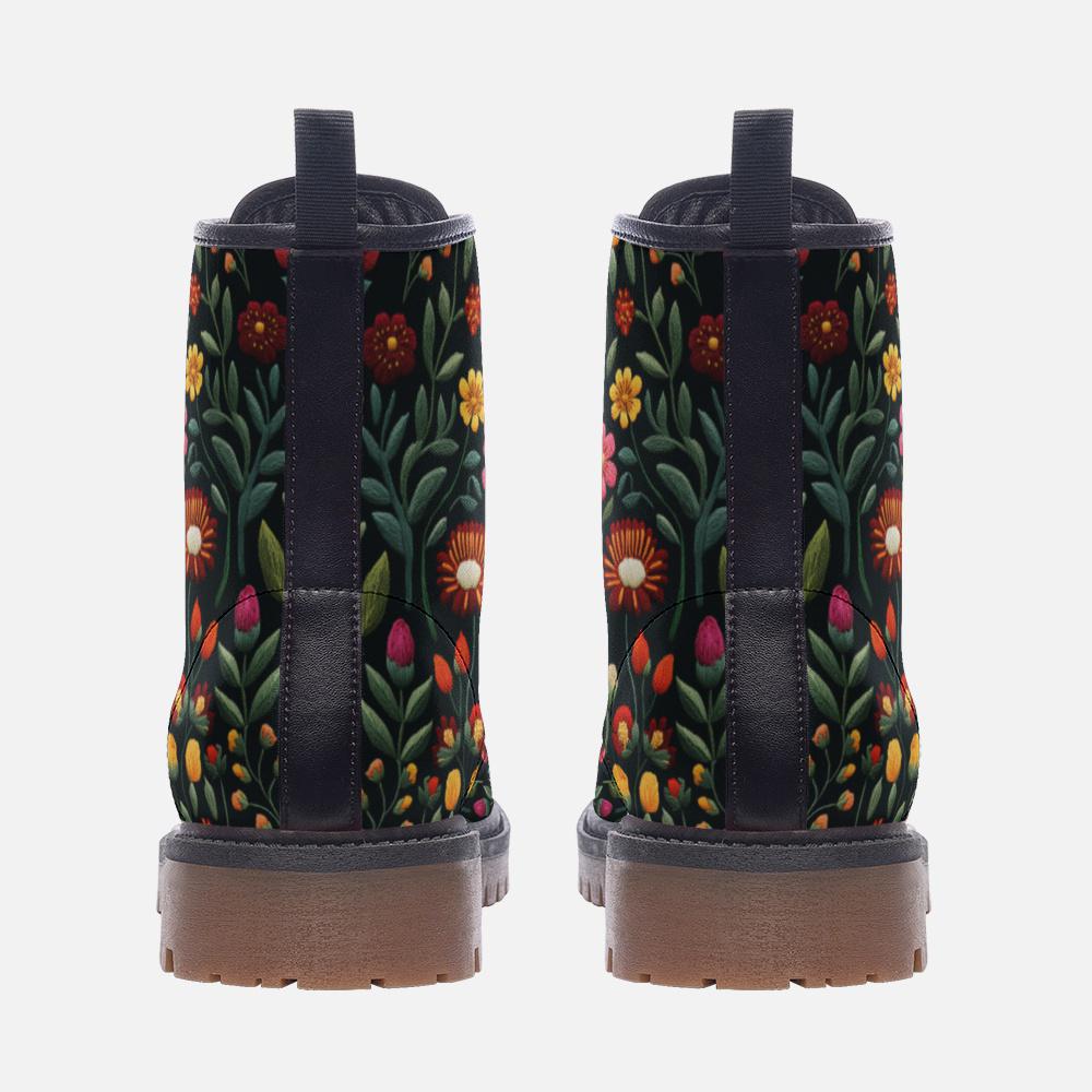Faux-Embroidery Floral Combat Boots: Vegan Leather Boho Garden