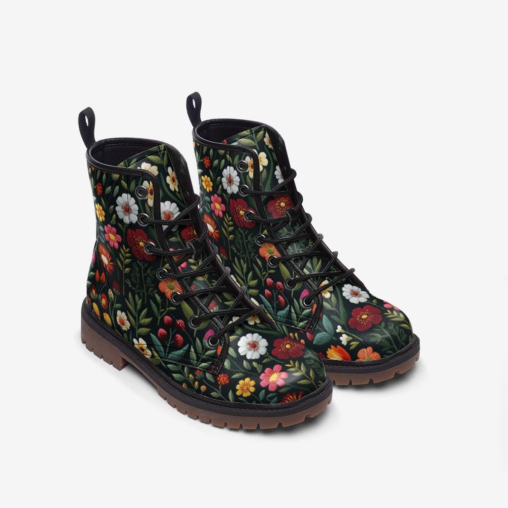 Faux-Embroidery Floral Combat Boots: Vegan Leather Boho Garden
