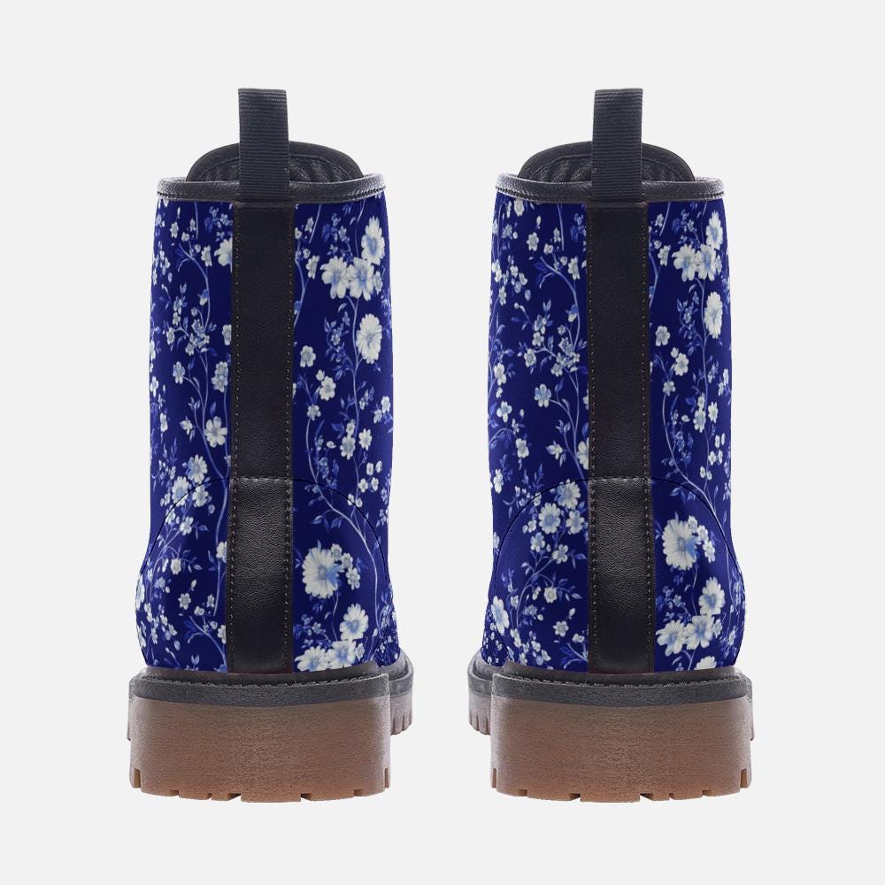 Toile de Jouy Boots Blue French Floral Boots Casual Vegan Leather Lightweight Boots