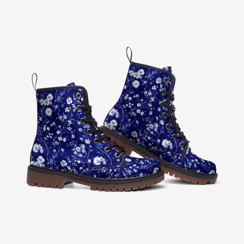 Toile de Jouy Boots Blue French Floral Boots Casual Vegan Leather Lightweight Boots