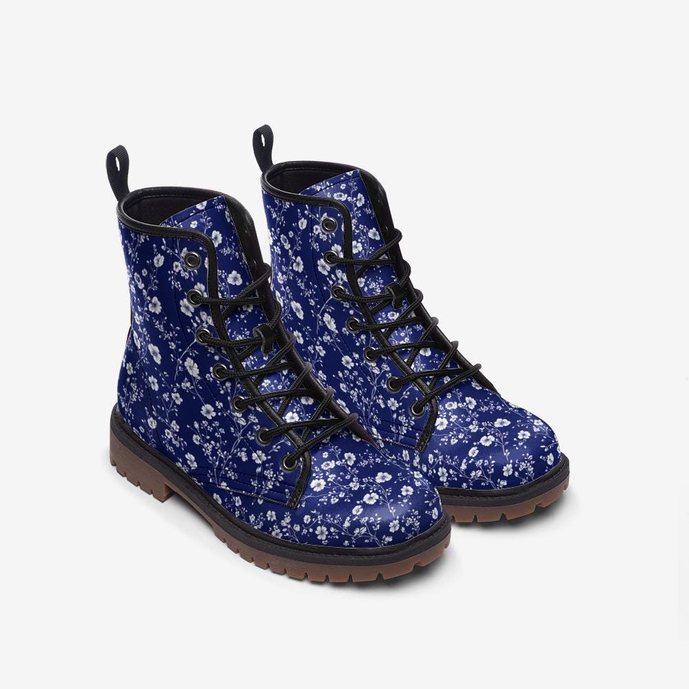 Toile de Jouy Boots Blue French Floral Boots Casual Vegan Leather Lightweight Boots