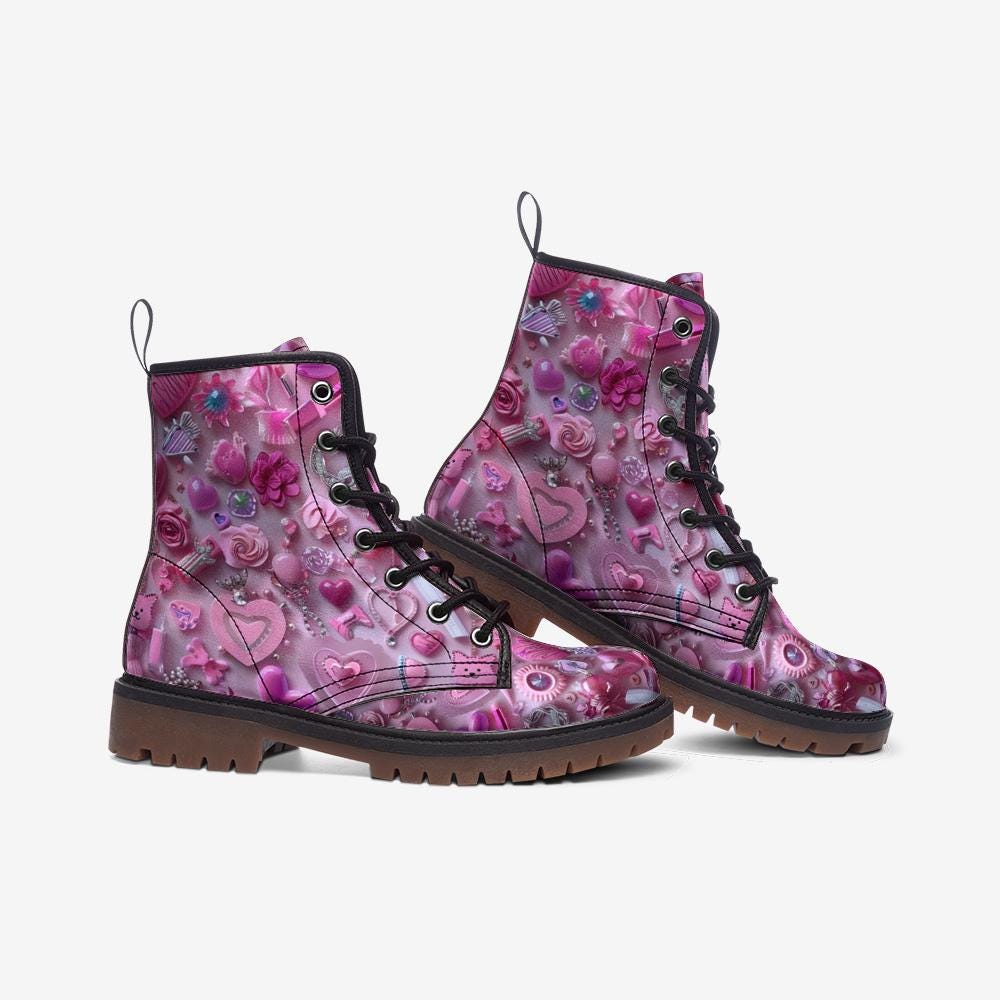 Pretty in Pink Collage Boots Girly Combat Boots Vegan Leather Boots Casual Leather Lightweight boots MT