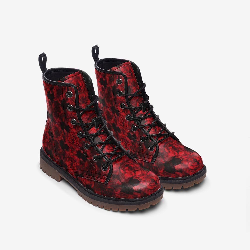 Red Roses Boots Gothic Boots Red Floral Boots Goth Boots Vegan Leather Lightweight Combat Boots