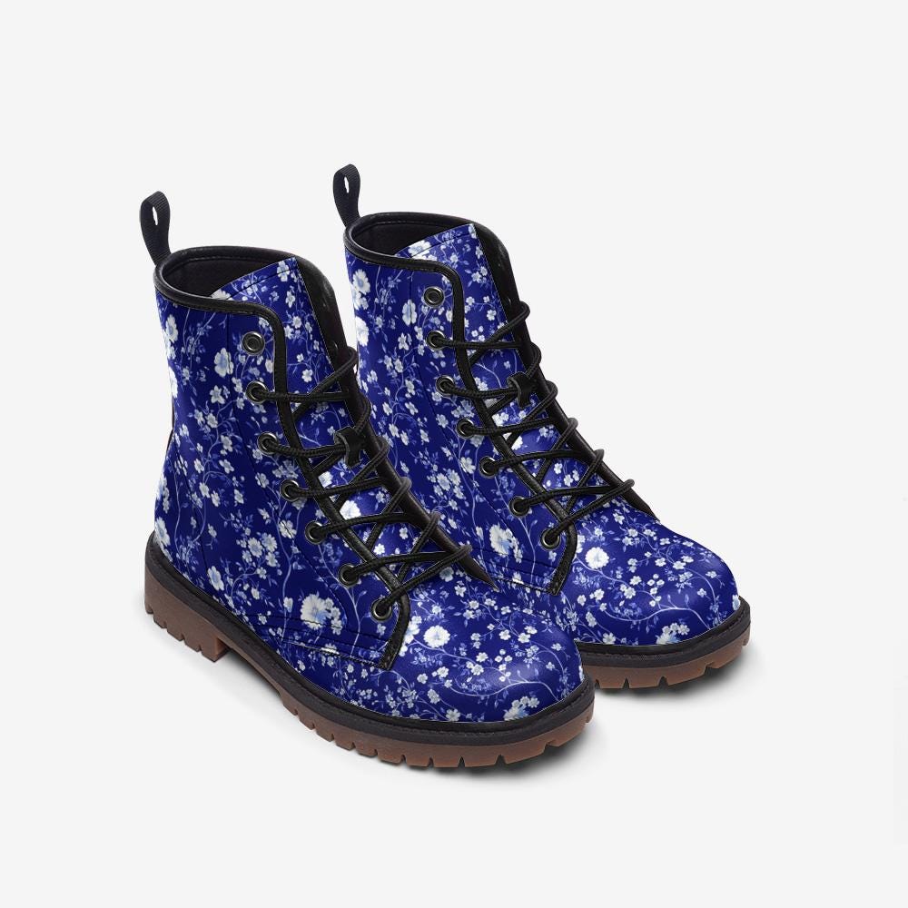 Toile de Jouy Boots Blue French Floral Boots Casual Vegan Leather Lightweight Boots
