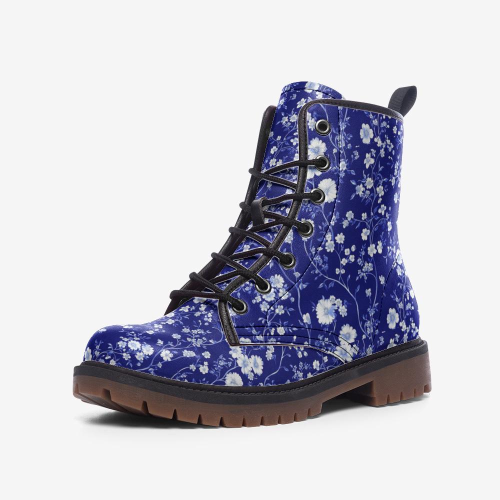 Toile de Jouy Boots Blue French Floral Boots Casual Vegan Leather Lightweight Boots