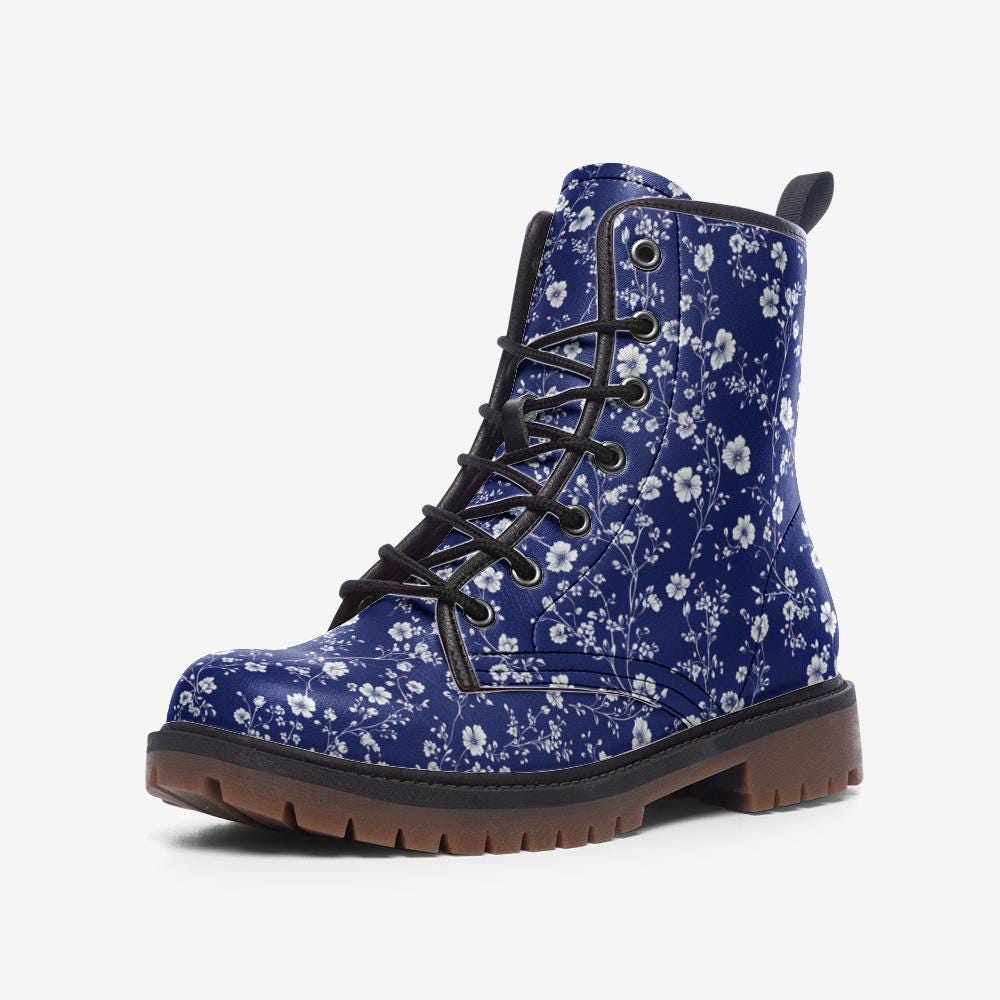Toile de Jouy Boots Blue French Floral Boots Casual Vegan Leather Lightweight Boots