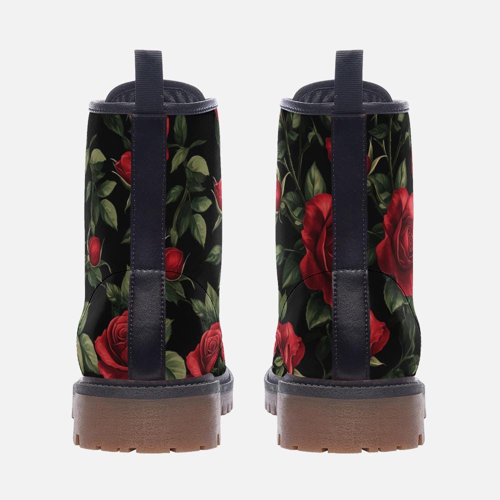 Red Floral Boots Red Floral Combat Boots Vegan Leather Boots Casual Leather Lightweight boots MT