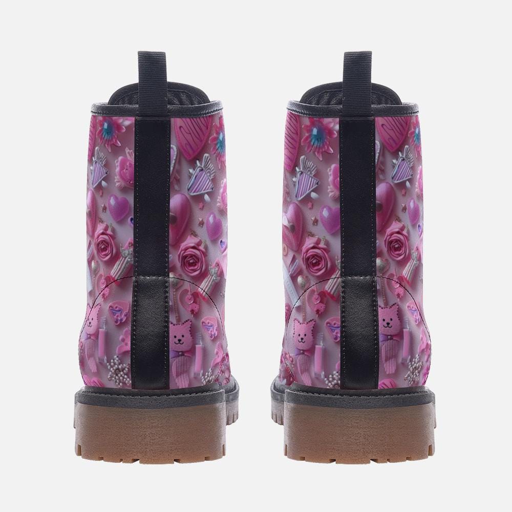 Pretty in Pink Collage Boots Girly Combat Boots Vegan Leather Boots Casual Leather Lightweight boots MT