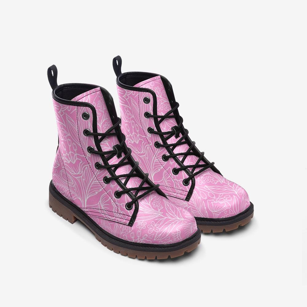 Floral Pink Faux Leather Boots: Women's & Men's Wide Fit