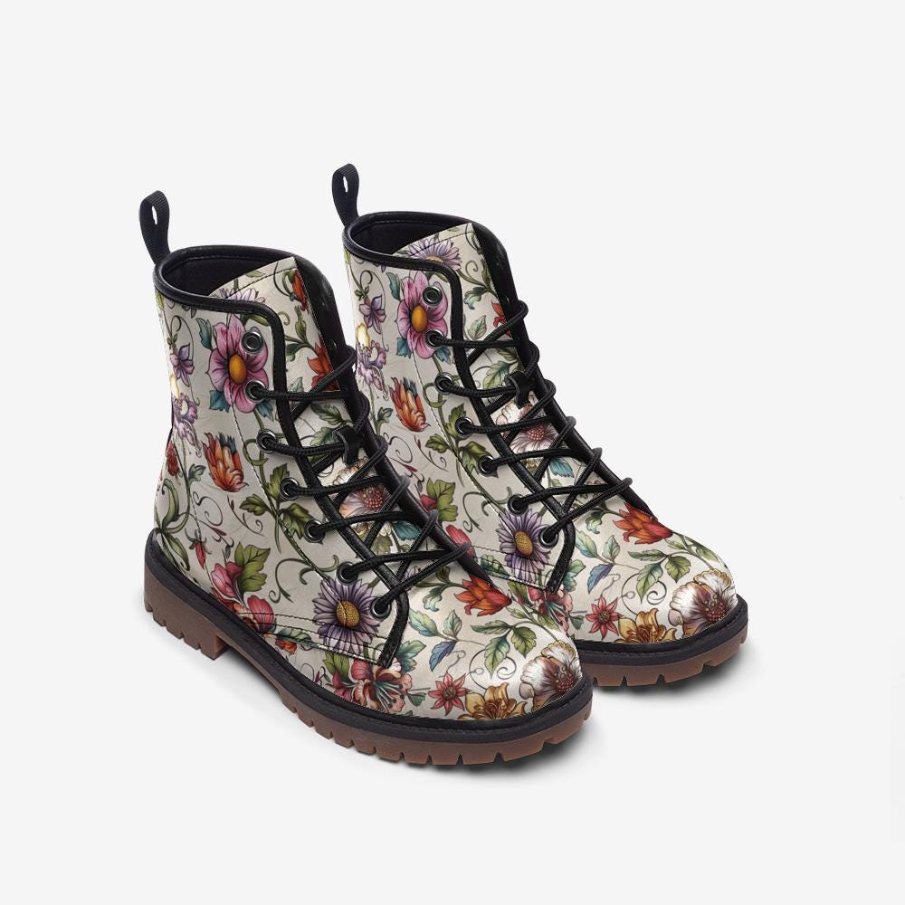 Beige Floral Print Casual Vegan Leather Lightweight boots MT