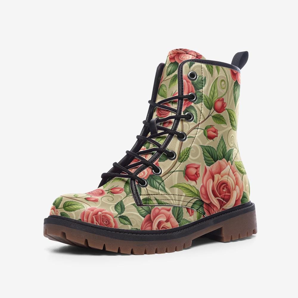 Vintage Floral Print Casual Vegan Leather Lightweight Combat boots MT