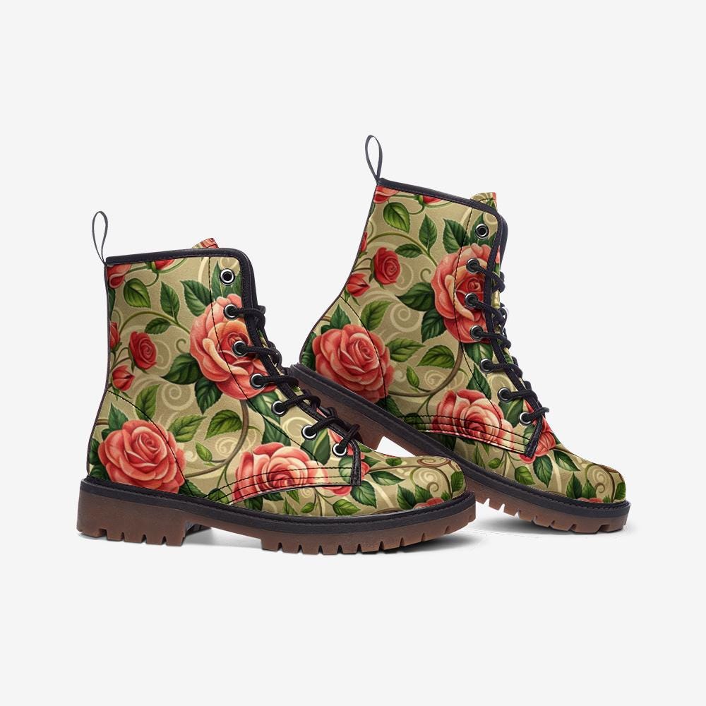 Vintage Floral Print Casual Vegan Leather Lightweight Combat boots MT
