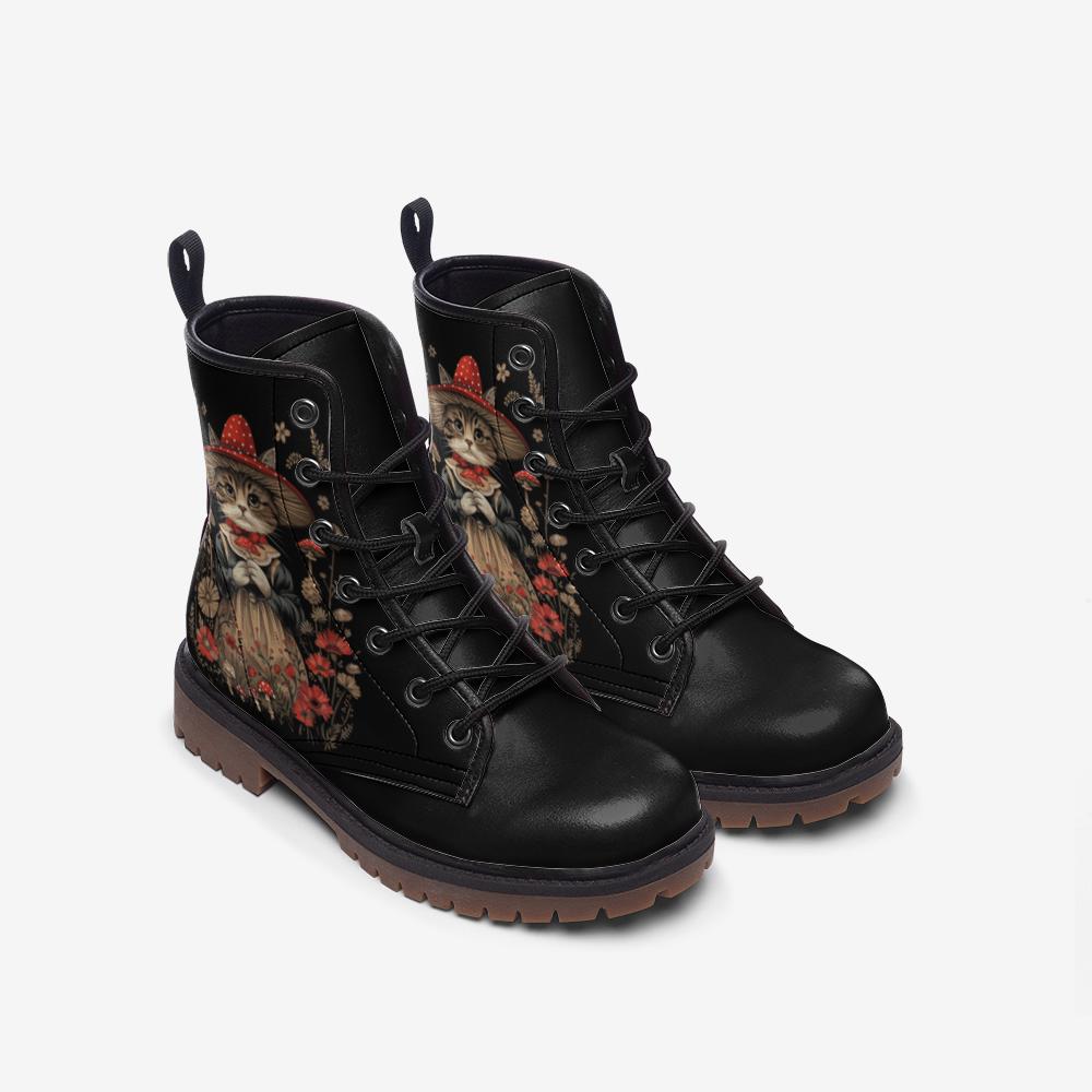 Cat Cottagecore Faux Leather Boots: Floral Design, Women & Men
