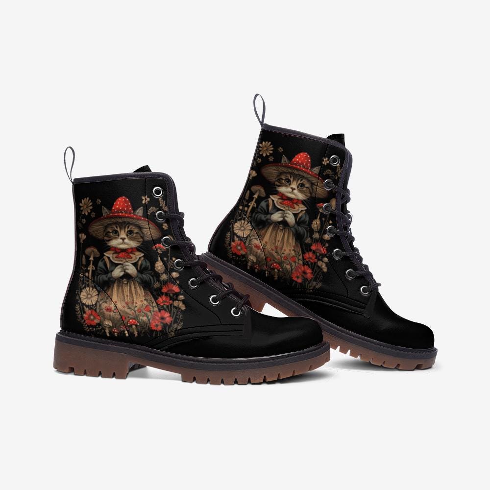 Cat Cottagecore Faux Leather Boots: Floral Design, Women & Men