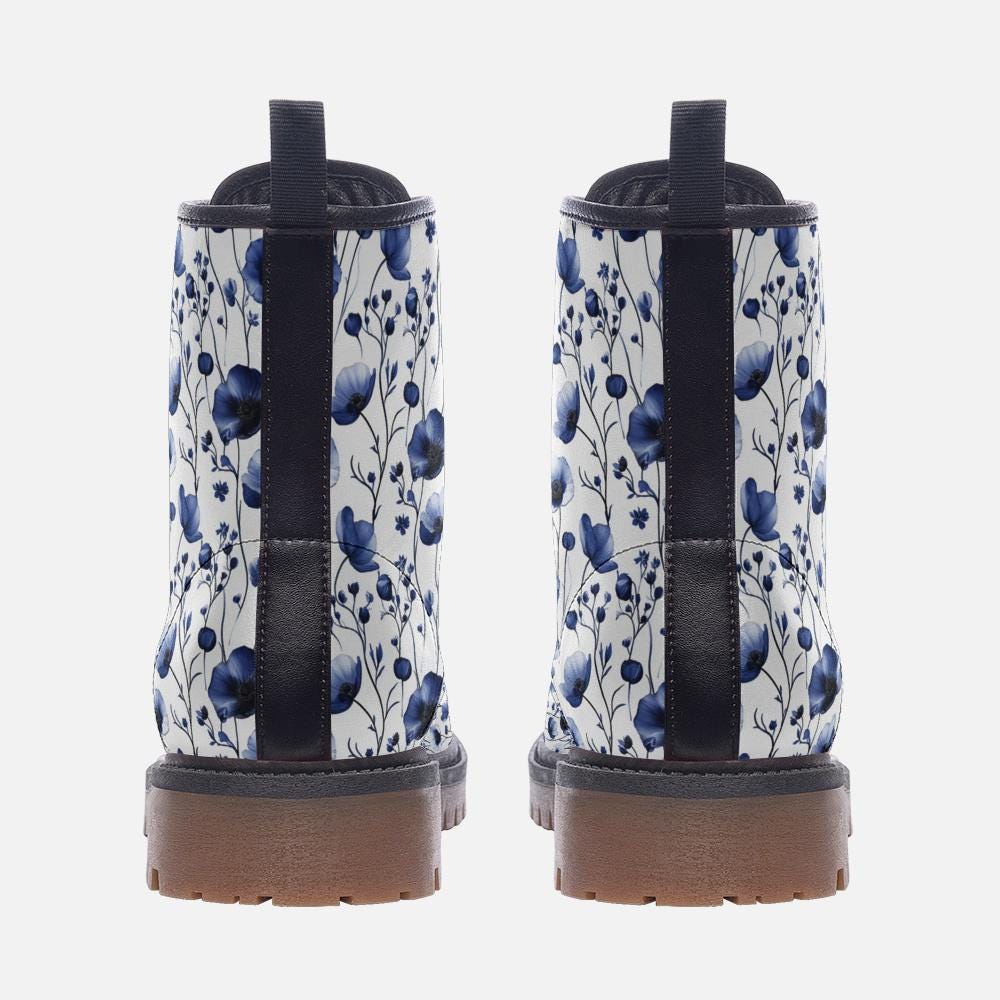 Blue French Floral Boots Vintage Floral Boots Toile de Jouy Combat Boots Casual Leather Lightweight boots MT