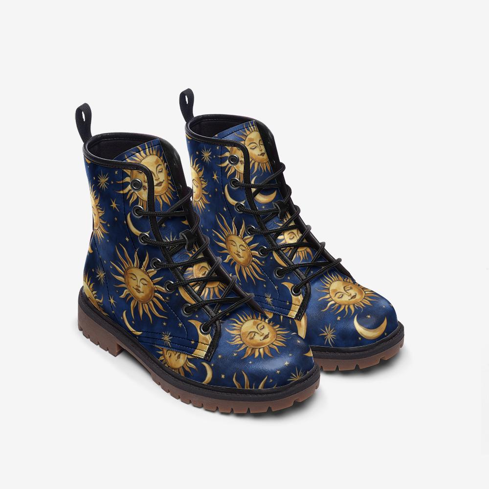 Celestial Sun & Moon Vegan Boots, Whimsigoth Witchy Footwear, 90s Astrology Aesthetic Lace-Up Combat Boots, Mystical 90s Boho Rave Boots