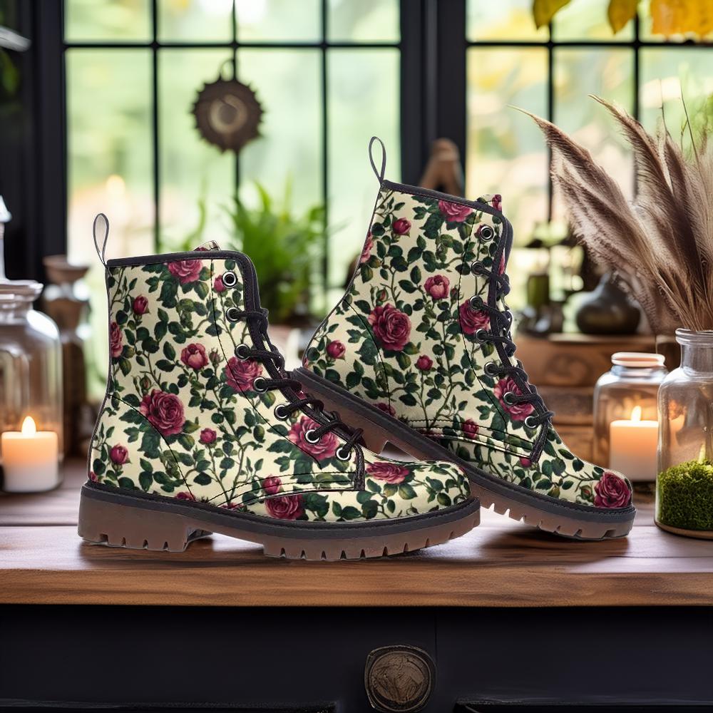 Vintage Rose Combat Boots, Vegan Leather Boots, Floral Lace-Up Boots, Cottagecore Gothic Shoes, Romantic Grunge Footwear, Boho Punk Boots