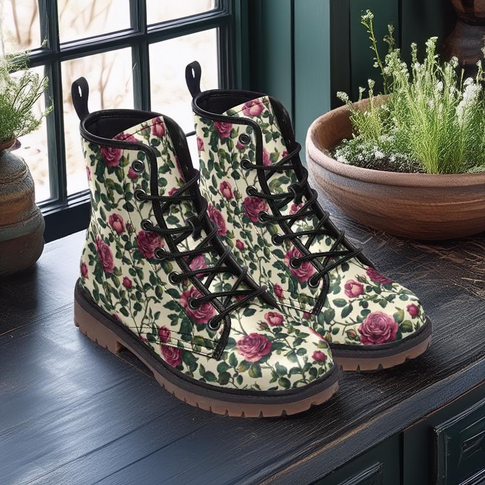 Vintage Rose Combat Boots, Vegan Leather Boots, Floral Lace-Up Boots, Cottagecore Gothic Shoes, Romantic Grunge Footwear, Boho Punk Boots