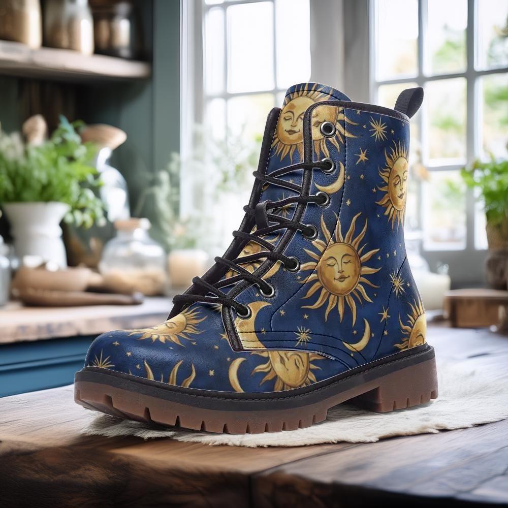 Celestial Sun & Moon Vegan Boots, Whimsigoth Witchy Footwear, 90s Astrology Aesthetic Lace-Up Combat Boots, Mystical 90s Boho Rave Boots