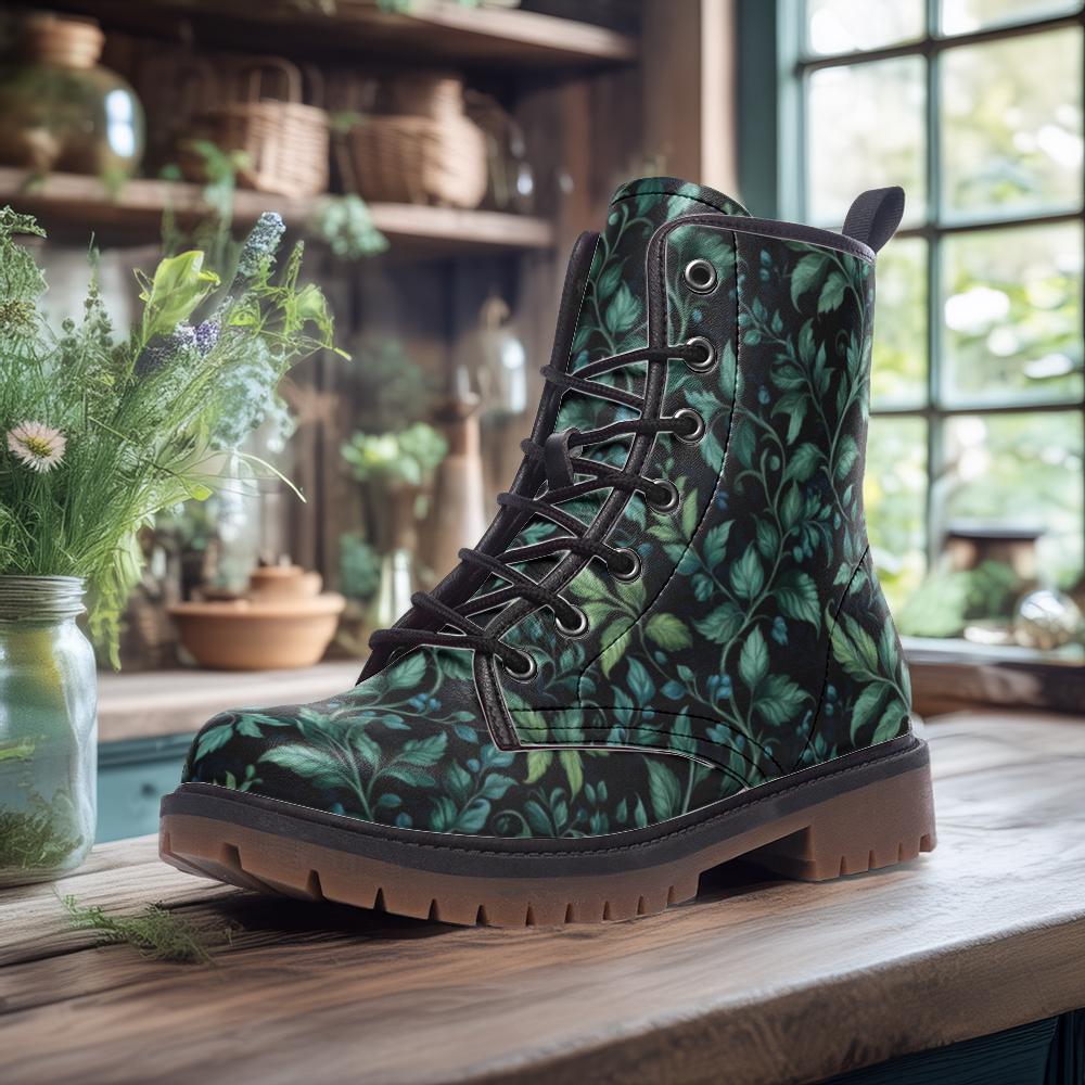 Deep Forest Vines Vegan Combat Boots, Dark Witchy Botanical Boots, Nature Witch Aesthetic, Forestcore Fairy Grunge Boots, Ren Faire Boots