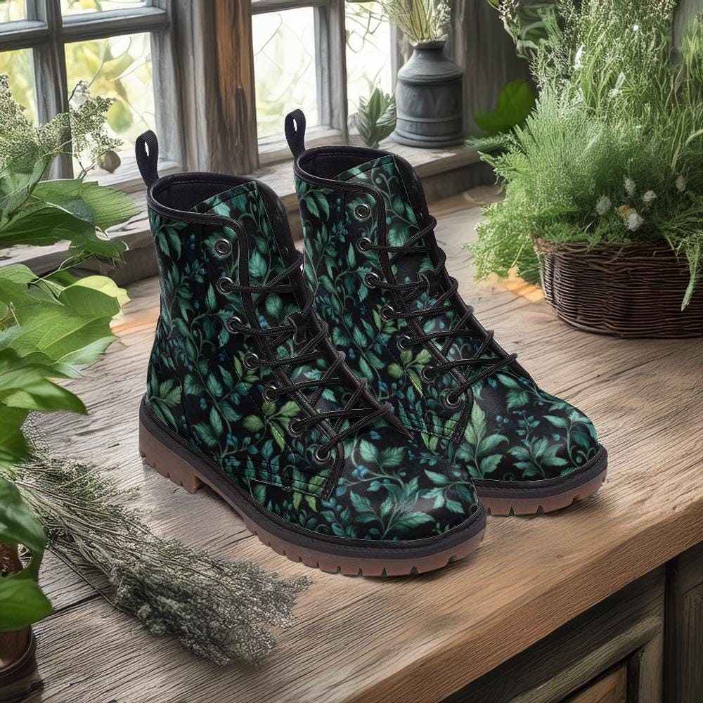 Deep Forest Vines Vegan Combat Boots, Dark Witchy Botanical Boots, Nature Witch Aesthetic, Forestcore Fairy Grunge Boots, Ren Faire Boots