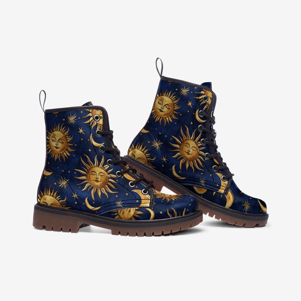 Celestial Sun & Moon Vegan Boots, Whimsigoth Witchy Footwear, 90s Astrology Aesthetic Lace-Up Combat Boots, Mystical 90s Boho Rave Boots