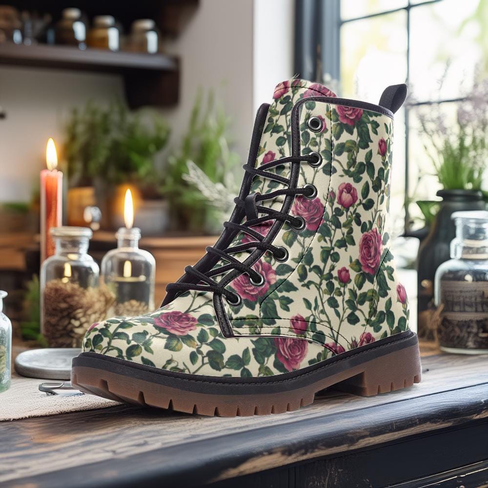Vintage Rose Combat Boots, Vegan Leather Boots, Floral Lace-Up Boots, Cottagecore Gothic Shoes, Romantic Grunge Footwear, Boho Punk Boots