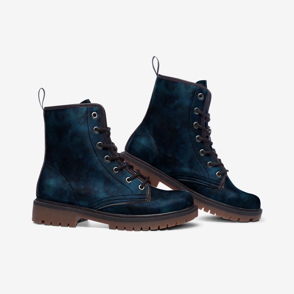 Dark Teal Blue Alcohol Ink Watercolor Vegan Combat Boots, Artistic Chunky Lace-Up Ankle Boots, Fairy Grunge Indigo Boho Festival Footwear