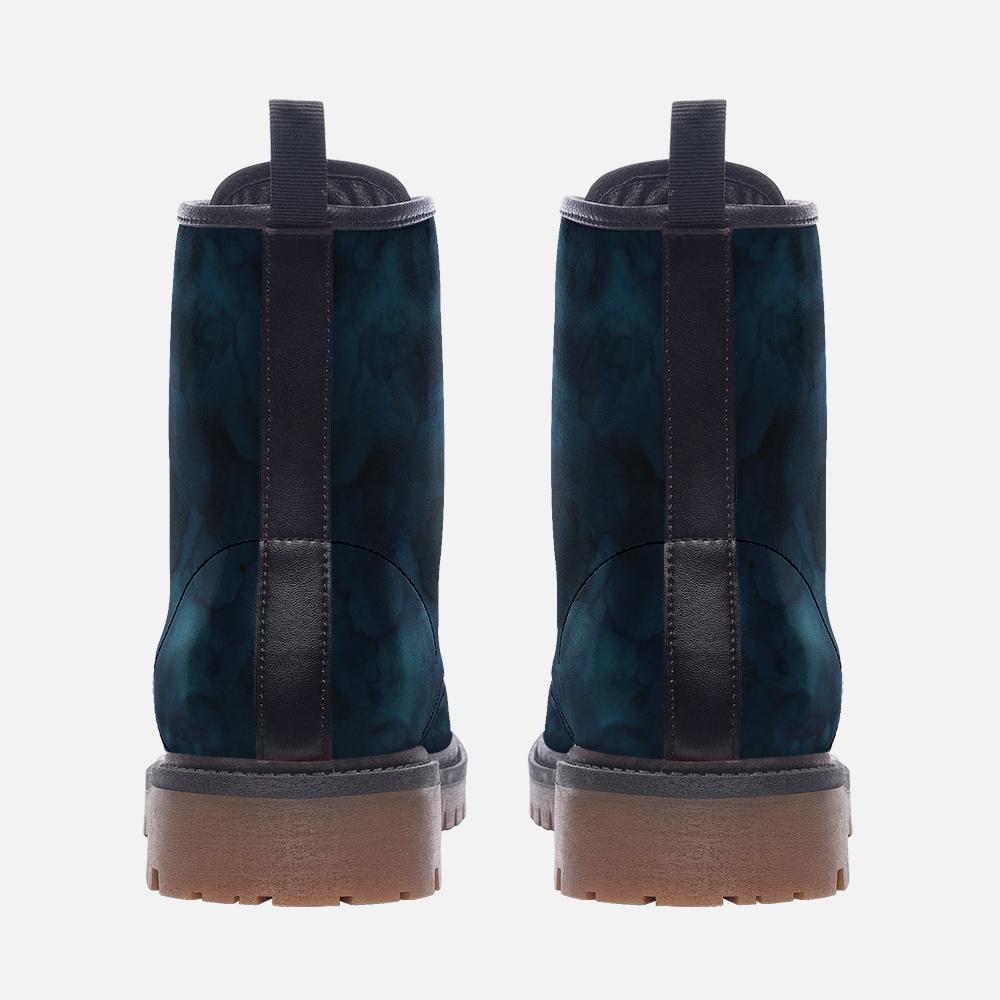 Dark Teal Blue Alcohol Ink Watercolor Vegan Combat Boots, Artistic Chunky Lace-Up Ankle Boots, Fairy Grunge Indigo Boho Festival Footwear