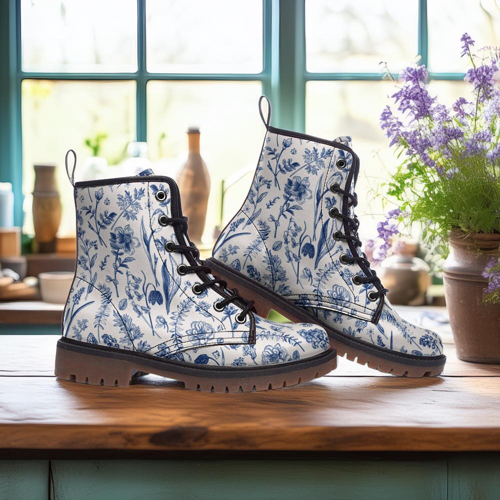 Botanical Floral Vegan Boots, Boho Country Floral Boots, Blue Wildflowers Print Lace Up Boots, White Floral Boots, Faux Leather Combat Boots